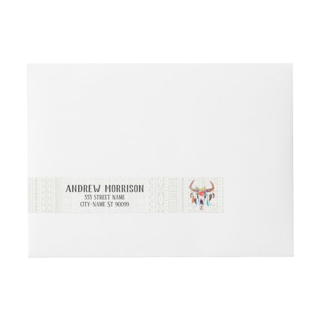 Weißes Tribal-Muster und Bull-Schädel Rundum-Adressaufkleber (Vorderseite)