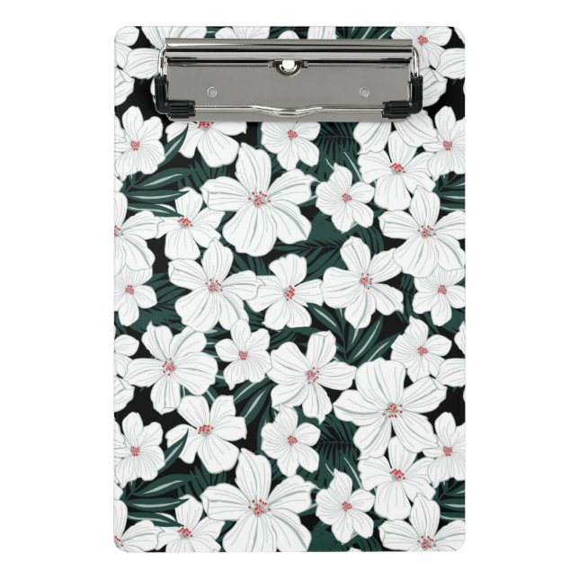 Weißes tropisches Blumen-Muster Mini Klemmbrett (Vorderseite)