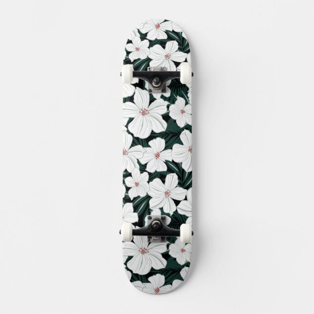 Weißes tropisches Blumen-Muster Skateboard (Vorderseite)