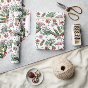 Weißes tropisches Flamingo-Blumenmuster Geschenkpapier
