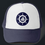 Weißes und blaues Wassermotorrad Truckerkappe<br><div class="desc">Navy blau und weiß nautische Boot Rad einfache Abbildung mit Boot auf Wasser in der Mitte des Zystischen.</div>