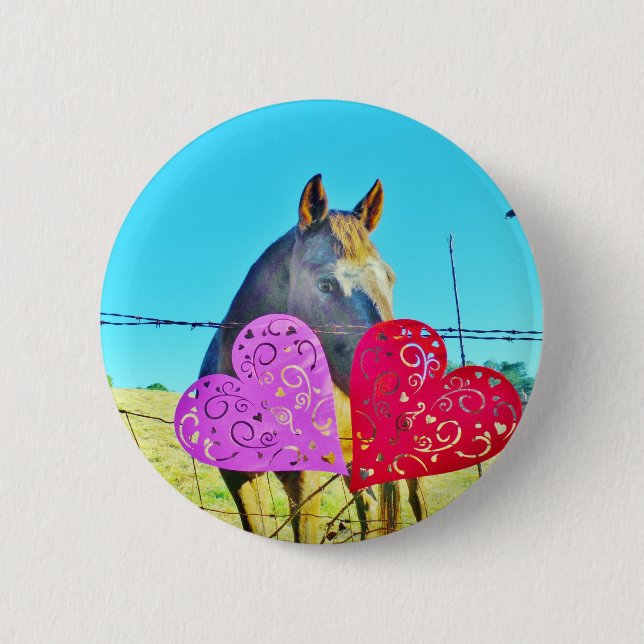 Weißes und braunes Pferd Valentine Hearts Button (Vorderseite)