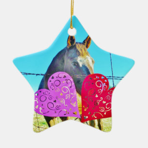 Weißes und braunes Pferd Valentine Hearts Keramikornament