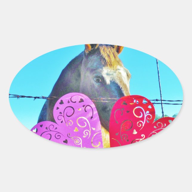 Weißes und braunes Pferd Valentine Hearts Ovaler Aufkleber (Vorderseite)