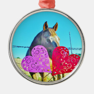 Weißes und braunes Pferd Valentine Hearts Silbernes Ornament