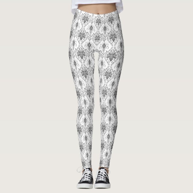 Weißes und graues Damaskus-Lochmuster Leggings (Vorderseite)