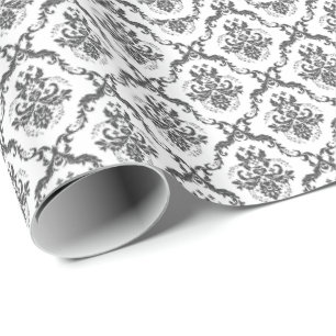 Weißes und graues florales Damastmuster Geschenkpapier