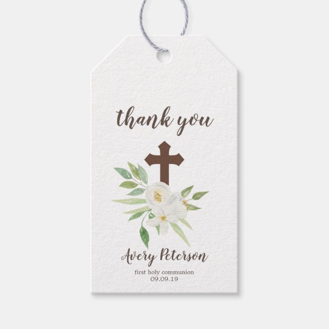 Weißes und grünes Blumenkreuz Erste Heilige Kommun Geschenkanhänger (Vorderseite)