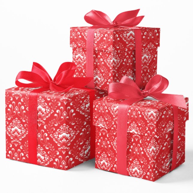 Weißes und rotes vintage-blumen-damaskusmuster geschenkpapier (Von Creator hochgeladen)