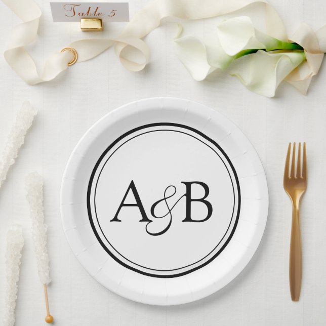 Weißes und schwarzes Monogramm und Et-Zeichen für  Pappteller (Hochzeit)