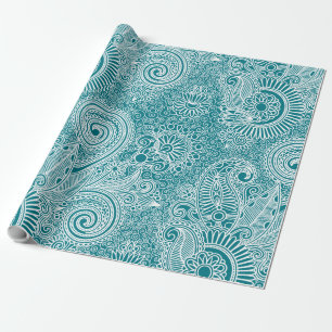 Weißes und Türkis-blaues Vintage-Blumen-Paisley Geschenkpapier
