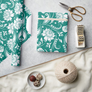 Weißes und türkisblaues florales Damastmuster Geschenkpapier