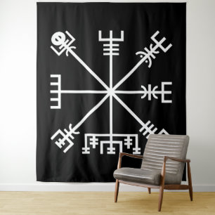 Weißes Vegvisir-Siegel auf Schwarz Wandteppich