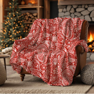 Weißes Vintage-Paisleymuster auf Weihnachtsrot Fleecedecke