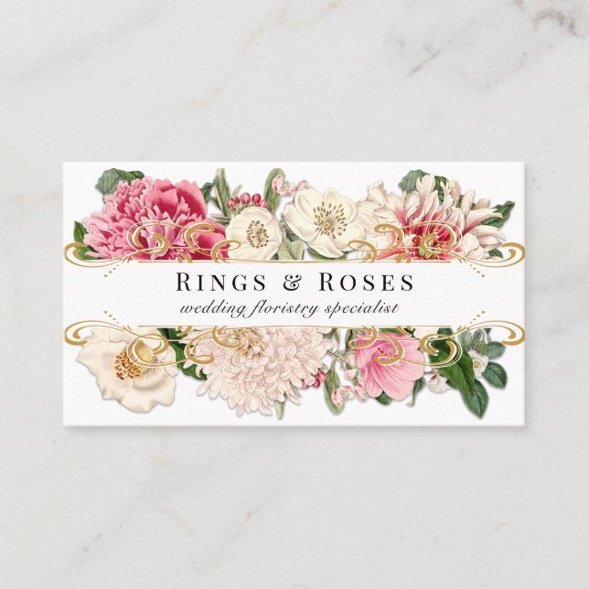 Weißes Vintages Blumenmuster Elegante Gold Wirbel  Visitenkarte (Vorderseite)