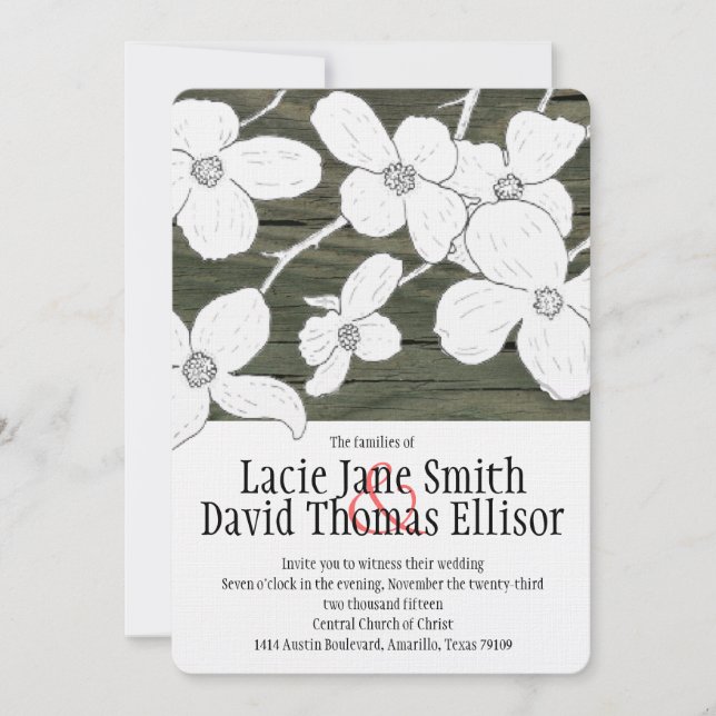 Weißes Vintages Dogwood auf Holzhochzeit Einladung (Vorderseite)