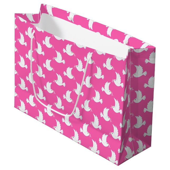 Weißes Vogel-Brustkrebs-Bewusstseinsmuster Große Geschenktüte (Vorderseite Schrägansicht)