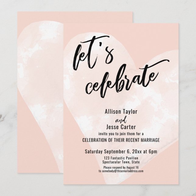 Weißes Wasserfarbenherz Feiern wir Blush Pink Einladung (Vorne/Hinten)