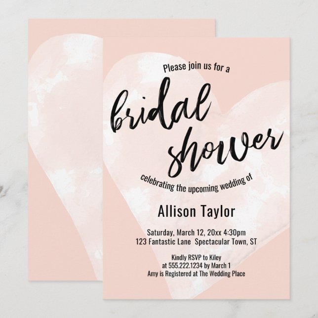 Weißes Wasserfarbenherz Rosa Brautparty Einladung (Vorne/Hinten)