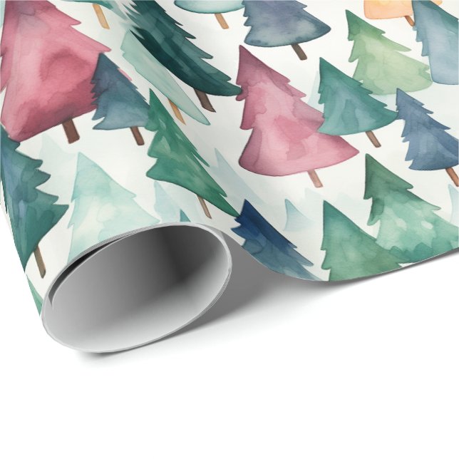 Weißes Weihnachtsgebäck mit bunten Bäumen Geschenkpapier (Rolleneckpunkt)