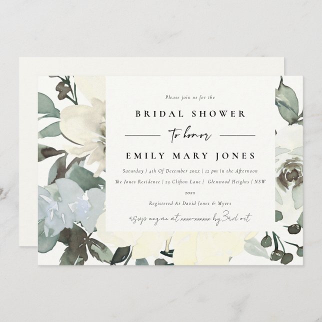 WEISSES, WEISSES BRAUTPARTY MIT WASSERFARBE EINLADUNG (Vorne/Hinten)