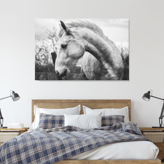 Weißes Wild Spirited Horse Schwarz und Weiß Leinwanddruck (Insitu (Schlafzimmer))