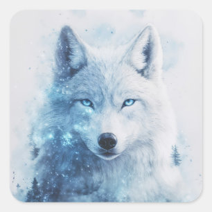 Weißes Wolfporträt mit durchdringenden blauen Auge Quadratischer Aufkleber