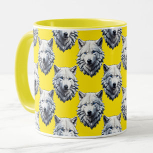 Weißes Wolfskopf-Musterdesign Gelb Tasse