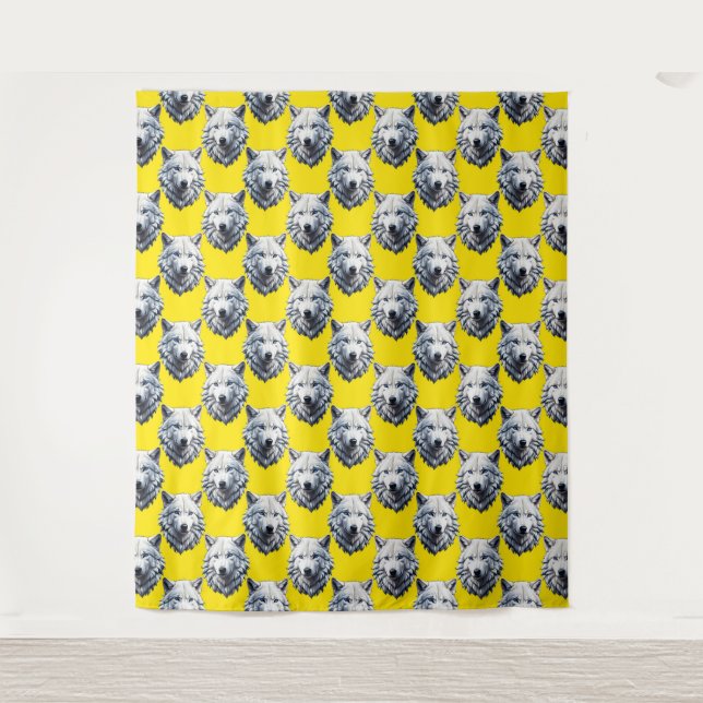 Weißes Wolfskopf-Musterdesign Gelb  Wandteppich (Vorderseite)