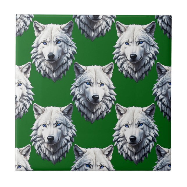 Weißes Wolfskopf-Musterdesign Grün Fliese (Vorderseite)