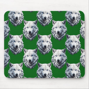 Weißes Wolfskopf-Musterdesign Grün Mousepad