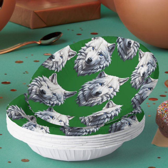 Weißes Wolfskopf-Musterdesign Grün Pappteller (Von Creator hochgeladen)