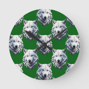 Weißes Wolfskopf-Musterdesign Grün Runde Wanduhr