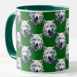 Weißes Wolfskopf-Musterdesign Grün Tasse