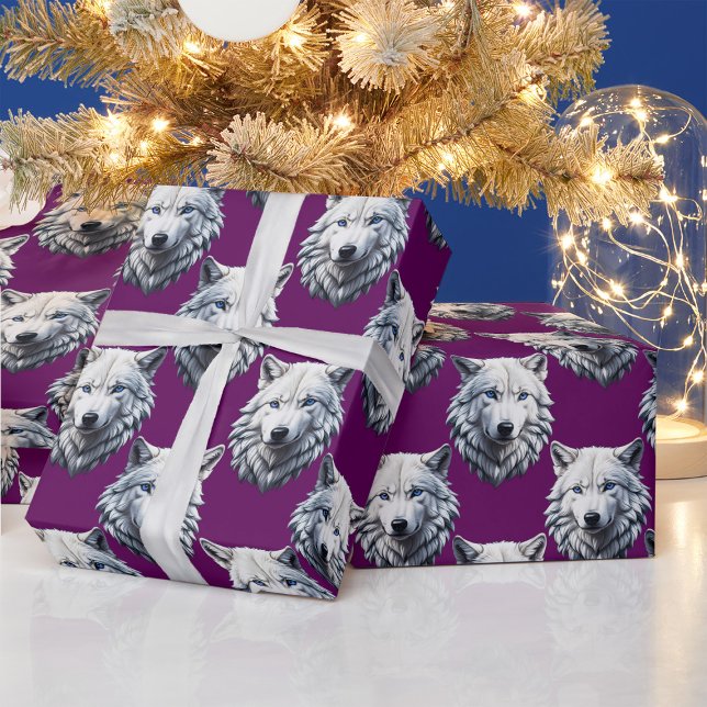 Weißes Wolfskopf-Musterdesign Lila Geschenkpapier (Von Creator hochgeladen)