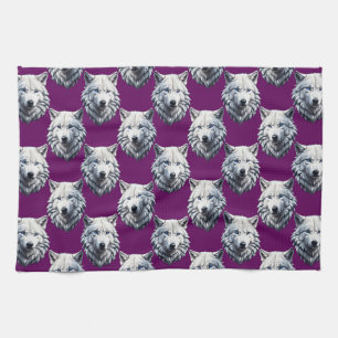 Weißes Wolfskopf-Musterdesign Lila Geschirrtuch