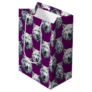 Weißes Wolfskopf-Musterdesign Lila Mittlere Geschenktüte