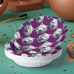 Weißes Wolfskopf-Musterdesign Lila Pappteller