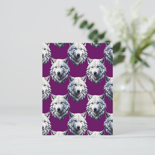 Weißes Wolfskopf-Musterdesign Lila  Postkarte (Stehend Vorderseite)