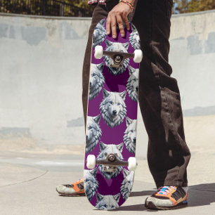 Weißes Wolfskopf-Musterdesign lila  Skateboard