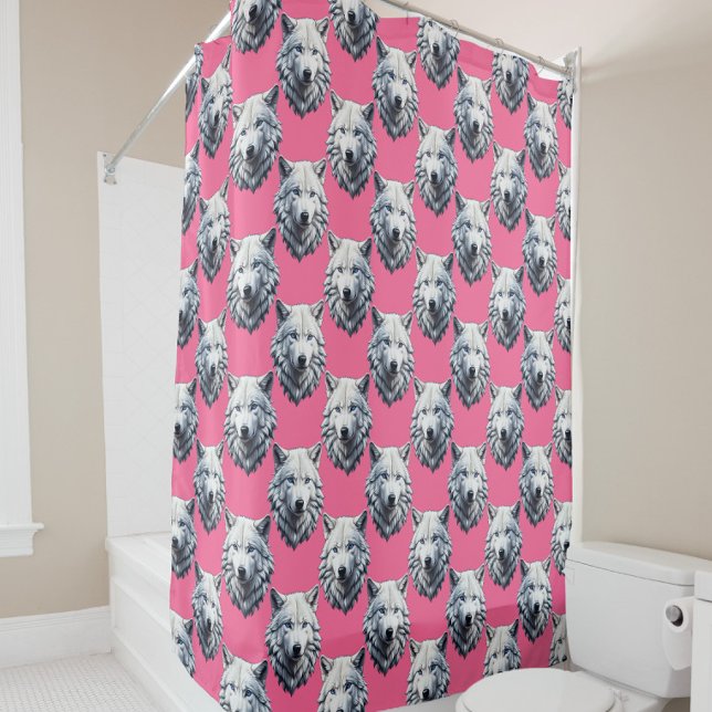 Weißes Wolfskopf-Musterdesign Rosa  Duschvorhang (Von Creator hochgeladen)