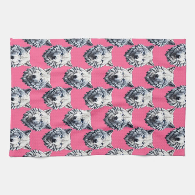 Weißes Wolfskopf-Musterdesign Rosa  Geschirrtuch (Horizontal)