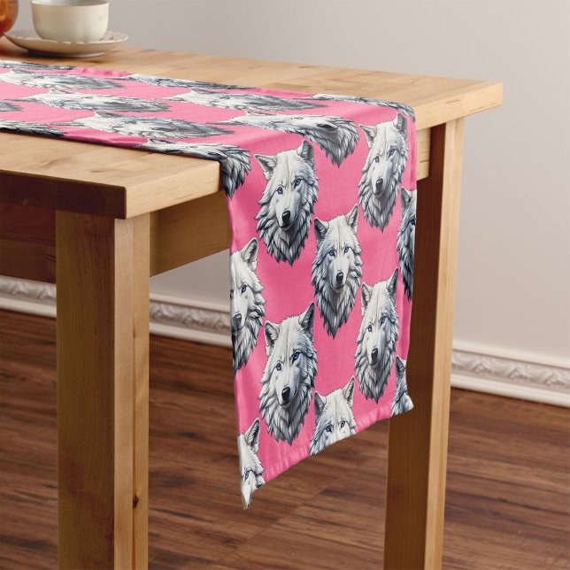 Weißes Wolfskopf-Musterdesign Rosa  Kurzer Tischläufer (Von Creator hochgeladen)