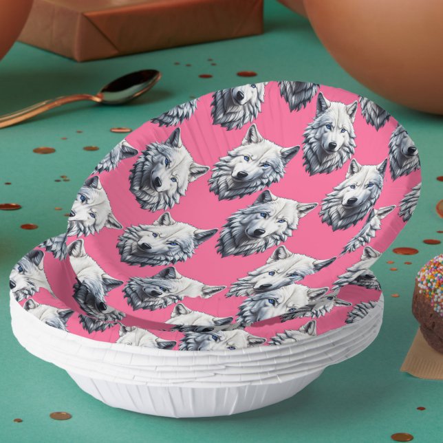 Weißes Wolfskopf-Musterdesign Rosa  Pappteller (Von Creator hochgeladen)
