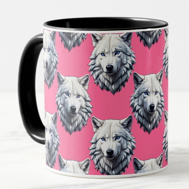 Weißes Wolfskopf-Musterdesign Rosa  Tasse (Von Creator hochgeladen)