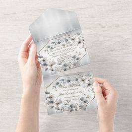 Weißfarbene Blume Golden Frame Silber Aquamarin All In One Einladung