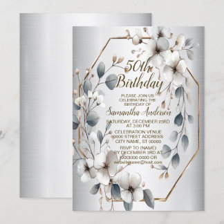 Weißfarbene Blume Golden Frame Silber Aquamarin Einladung