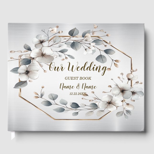 Weißfarbene Blume Golden Frame Silber Aquamarin Gästebuch (Vorderseite)