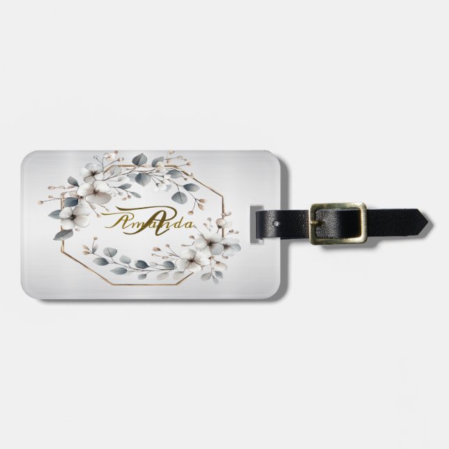 Weißfarbene Blume Golden Frame Silber Aquamarin Gepäckanhänger (Vorderseite horizontal)