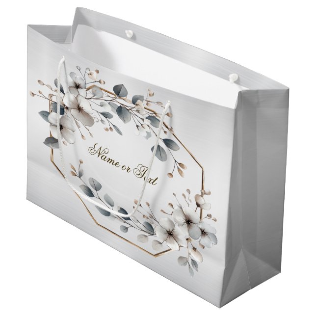 Weißfarbene Blume Golden Frame Silber Aquamarin Große Geschenktüte (Vorderseite Schrägansicht)